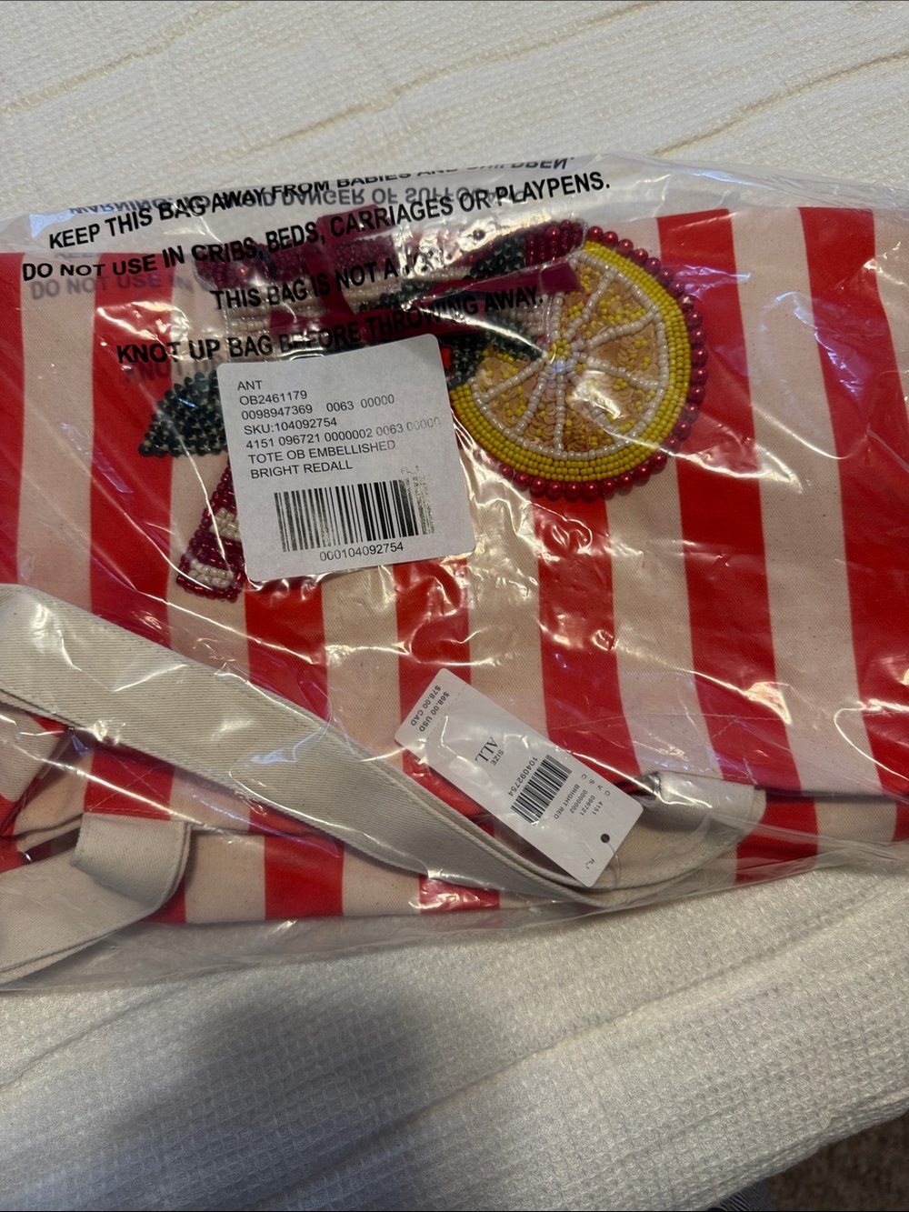 Anthropologie Beaded Pink & Red Striped Tote with Lemon Accent - Picture 5 of 5
